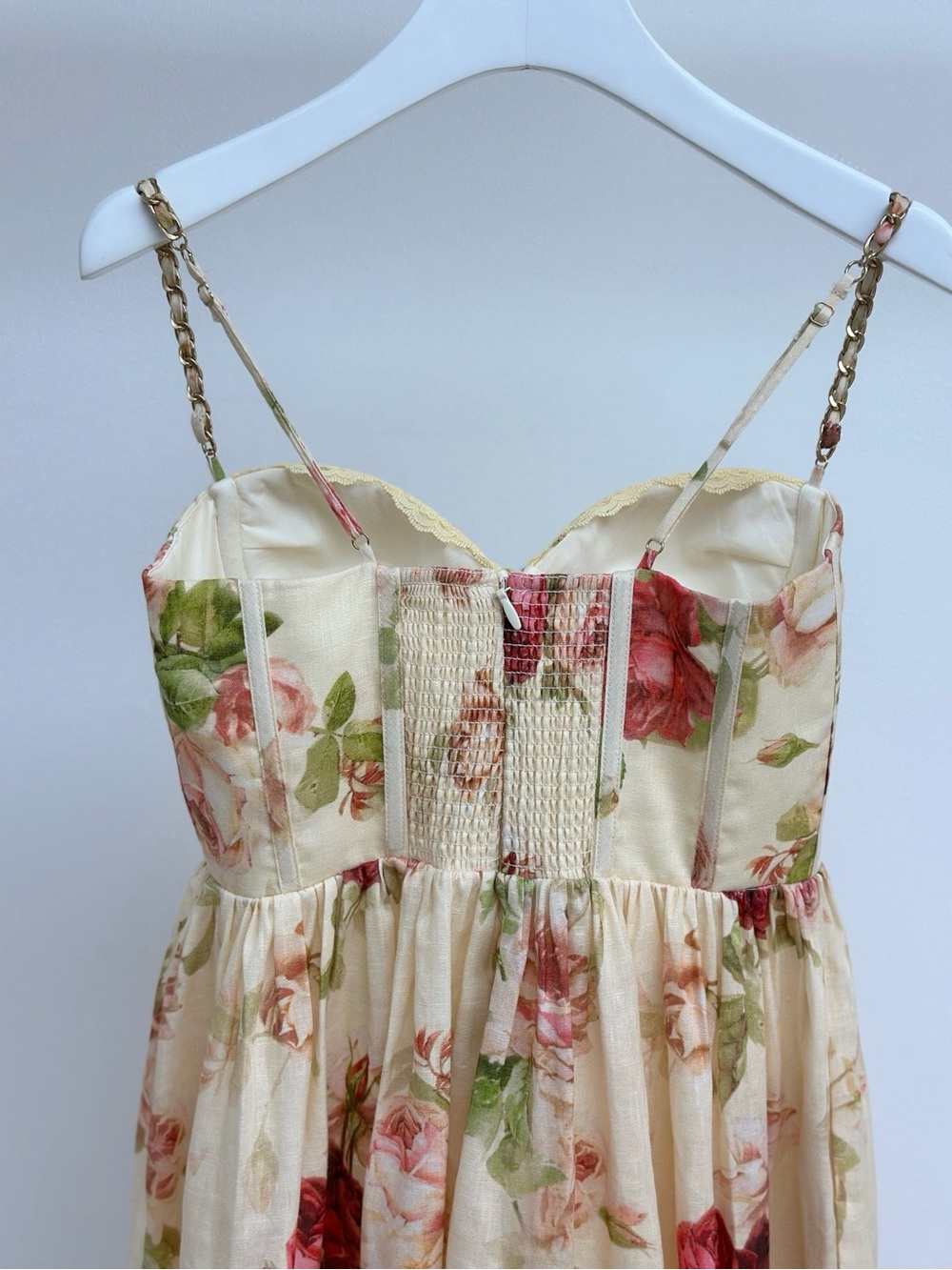 Zimmermann Cream Floral Bustier Midi Dress with Gold Chain Straps - Picture 4 of 9